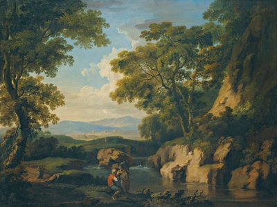 Un paisaje montañoso y boscoso con figuras junto a un río en primer plano de George the Elder Barret